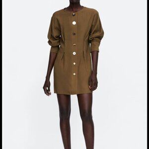 ZARA Khaki Pleated Dress with Buttons Size M Green Long‎ Sleeve Tunic Length NWT